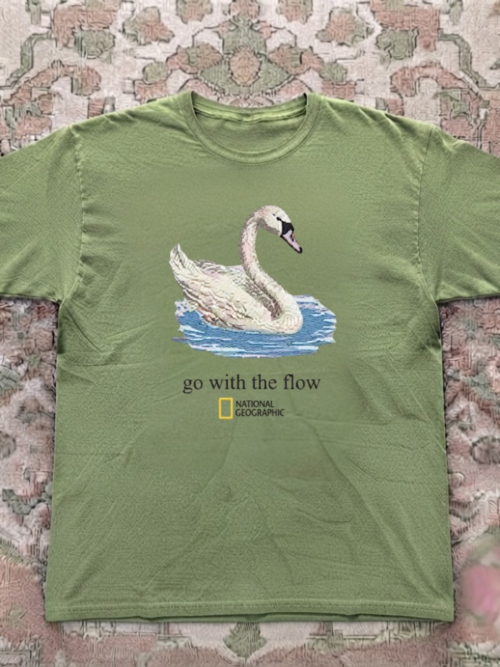 National Geographic Go With The Flow Swan Bird Nature Graphic Olive Green Tee